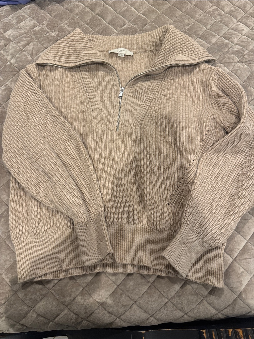 LOFT Beige Ribbed Half-Zip Cowl Sweater